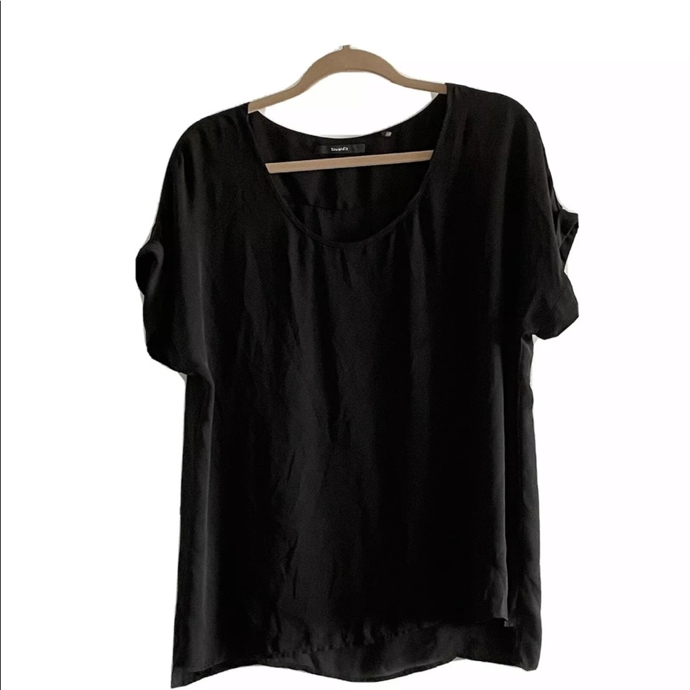 Tahari Womens Top Black Solid Blouse Shirt Short Sleeve Hi Lo Casual Size Medium